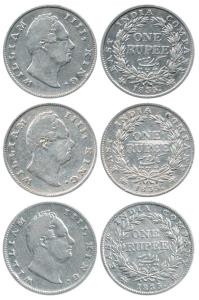 William IV, Silver Rupee (3), 1835, Calcutta Mint, 'F' incused, 19 Berries (2) and RS incu