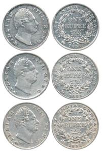 William IV, Silver Rupee (3), 1835, Calcutta Mint, 'F' raised, 19 Berries and Bombay Mint,