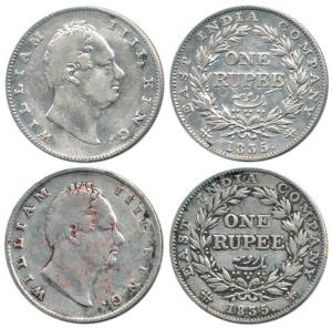 William IV, Silver Rupee (2), 1835, Calcutta Mint, obv. B, RS incused, rev. II, 20 Berries