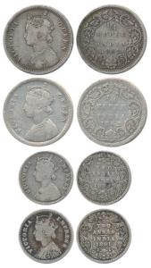 Victoria Queen and Empress, Silver ¼ Rupee (2) and 2 Annas (2), 1862, 1877 and 1891. Fine+