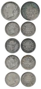 Victoria Queen, Silver ¼ Rupee and 2 Annas (5), 1840, 1841, ¼ Rupee, divided legend, WW ra