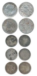 Victoria Queen and crown Queen, Silver ¼ Rupee and 2 Annas (5), ¼ Rupee, 1840 and 1896, 2 