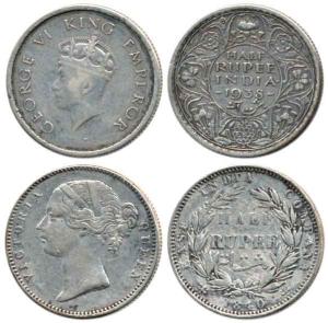 Victoria Queen and George VI, Silver ½ Rupee (2), 1840, Calcutta Mint, divided legend, WW 