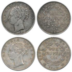 Victoria Queen, Silver Rupee (2), 1840, Madras Mint, continuous legend, 'S' incuse, 35 Ber