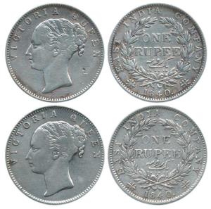Victoria Queen, Silver Rupee (2), 1840, Calcutta Mint, continuous legend, English head (sh