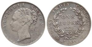 Victoria Queen, Silver Rupee, 1840, continuous legend, ‘S’ incuse. About Very Fine, Scarce