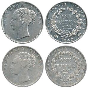Victoria Queen, Silver Rupee (2), 1840, Calcutta Mint, continuous legend, English head mod
