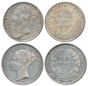 Victoria Queen, Silver Rupee (2), 1840, Bombay Mint, continuous legend and divided legend,