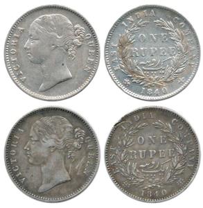 Victoria Queen, Silver Rupee (2), 1840, Calcutta Mint, divided legend, WW raised, 28 Berri