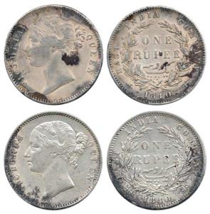 Victoria Queen, Silver Rupee (2), 1840, Calcutta Mint, divided legend, WW raised, 28 Berri