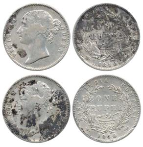 Victoria Queen, Silver Rupee (2), 1840, Calcutta Mint, divided legend, WW raised, 28 Berri