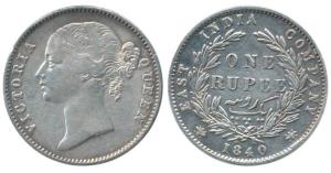 Victoria Queen, Silver Rupee, 1840, divided legend, WW raised, oblique sign instead of dot