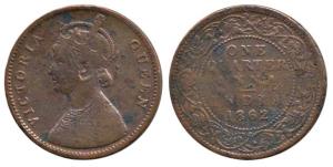 Victoria Queen, Copper ¼ Anna, 1862, Bombay Mint, with dot below date. Fine, Rare.