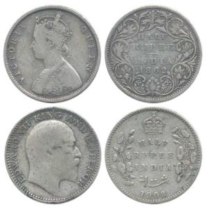 Victoria Queen and Edward VII, Silver ½ Rupee (2), 1862, Bombay Mint, B1 / II / no mint ma