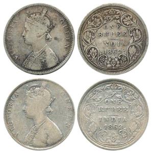 Victoria Queen, Silver Rupee (2), 1862, Bombay Mint, A / II / 0 / 0, without crescent and 