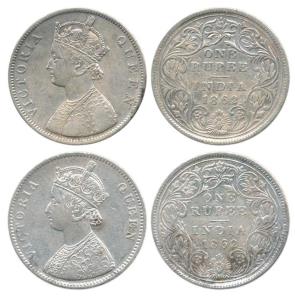 Victoria Queen, Silver Rupee (2), 1862, Calcutta Mint, A / II (a) / 0 / 0, 4 Pineapple typ