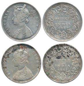 Victoria Queen, Silver Rupee (2), 1862, Bombay Mint, A / II / 0 / 7, with crescent and wit