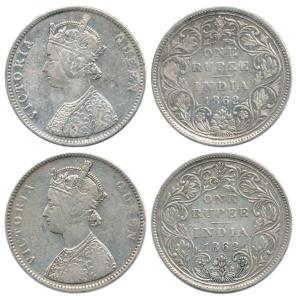 Victoria Queen, Silver Rupee (2), 1862, Bombay Mint, A / II / 0 / 10. About Very Fine, Sca
