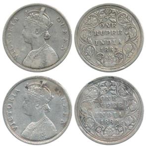 Victoria Queen, Silver Rupee (2), 1862, Bombay Mint, B / II / 0 / 0, thick lettering type,