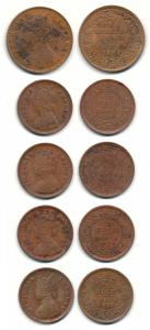 Victoria Empress, Copper (5), ½ Pice 1897, 1899, 1900, 1901 (obv. with Die Crack Error), ¼