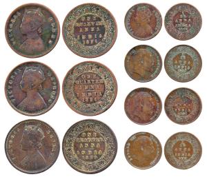 Victoria Queen / Empress and Edward VII, Copper ¼ Anna and 1/12 Anna (7), 1874, 1879, 1884