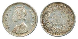 Victoria Queen, Silver 2 Annas, 1874, Bombay Mint. About Extremely Fine, Rare.