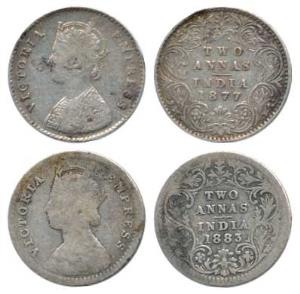 Victoria Empress, Silver 2Annas (2), 1877 and 1883, Calcutta Mint. Fine+to About Very Fine
