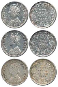 Victoria Empress, Silver 2 Annas (3), 1888, 1889 and 1890, Bombay Mint, 'B' incused. Very 