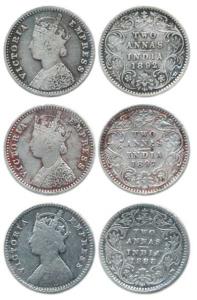 Victoria Empress, Silver 2 Annas (3), 1888, 1892 and 1897. Fine+ to About Very Fine. (3)