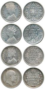 Victoria Empress and Edward VII, Silver 2 Annas (4), 1892, Calcutta Mint, 1897, Bombay Min