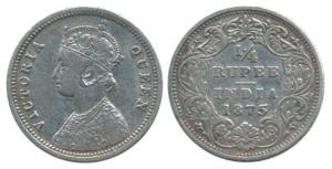Victoria Queen, Silver ¼ Rupee, 1875, Bombay Mint, A / I / no mint mark. Very Fine, Scarce