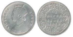 Victoria Queen, Silver ¼ Rupee, 1876, Calcutta Mint, obv. A, rev. I. About Very Fine, Scar