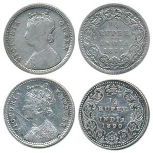Victoria Queen / Empress, Silver ¼ Rupee (2), 1876 and 1890. Fine+ to Very Fine, Scarce. (