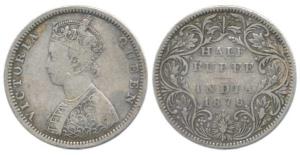 Victoria Queen, Silver ½ Rupee, 1876, Bombay Mint, B2 / II / dot. About Very Fine, Rare.
