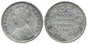 Victoria Empress, Silver ½ Rupee, 1886, Bombay Mint , A / II / 'B' raised. About Very Fine