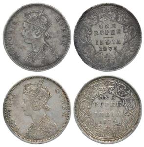 Victoria Queen, Silver Rupee (2), 1875, Calcutta Mint, A1 / I / no mint mark and Bombay Mi