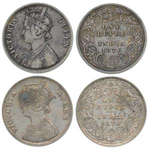 Victoria Queen, Silver Rupee (2), 1876, Calcutta Mint, A1 / I / C incused. About Very Fine