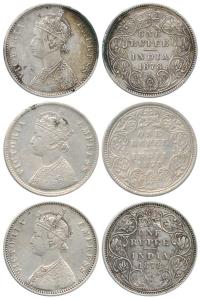 Victoria Empress, Silver Rupee (3), 1878, A / I / No mm Calcutta Mint; A / II / dot (2) Bo