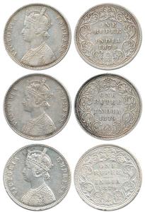 Victoria Empress, Silver Rupee (3), 1879, A / I / 'C' incuse, A / II / dot; A / I / dot, a