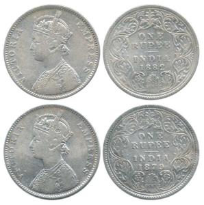 Victoria Empress, Silver Rupee (2), 1879 and 1882, Bombay Mint, A3 / I / dot. Fine+.(2)