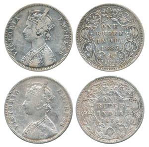 Victoria Empress, Silver Rupee (2), 1885, Bombay Mint, A3 / IV / 'B' incused. Fine+ to Abo