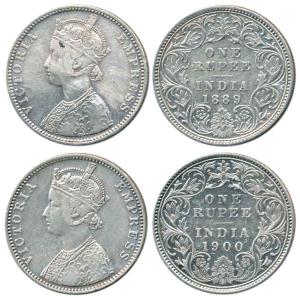 Victoria Empress, Silver Rupee (2), 1889, Bombay Mint, C2 / I / 'B' incused and 1900, Bomb