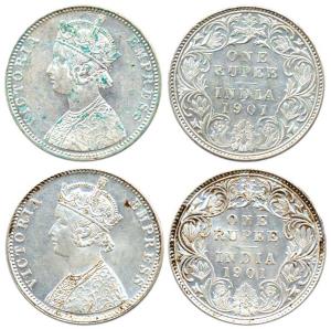Victoria Empress, Silver Rupee (2), 1901, Bombay Mint, obv A3 / rev I, 'B' incuse. Fine to
