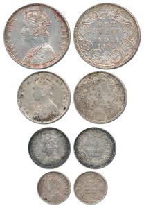 Victoria Empress, Silver Rupee, ½ Rupee, ¼ Rupee and 2 Annas, 1888, Calcutta Mint, 1889, B