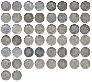 Edward VII, Silver 2 Annas (25), 1903, 1904, 1906 (4), 1907 (7), 1908 (3) and 1910 (9). Go