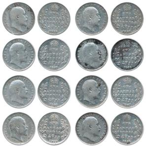 Edward VII, Silver 2 Annas (8), 1903, 1907 (3), 1908 (2), 1910 (2), Calcutta Mint. About V