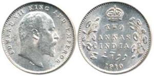 Edward VII, Silver 2 Annas, 1910, Calcutta Mint, no mint mark. Uncirculated, Scarce.