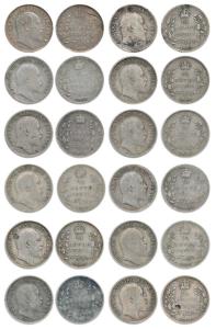 Edward VII, Silver ¼ Rupee (12), 1903, 1904, 1905, 1906 (3), 1907, 1908 (2) and 1910 (3). 
