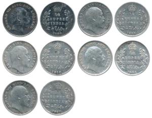 Edward VII, Silver ¼ Rupee (5), 1904, 1906, 1907, 1908 and 1910, Calcutta Mint except 1910