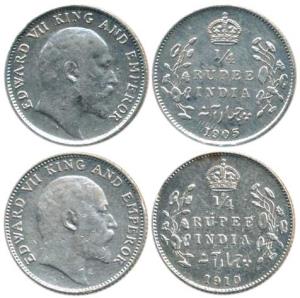Edward VII, Silver ¼ Rupee (2), 1905, Calcutta Mint and 1910, Bombay Mint. Very Fine, Very